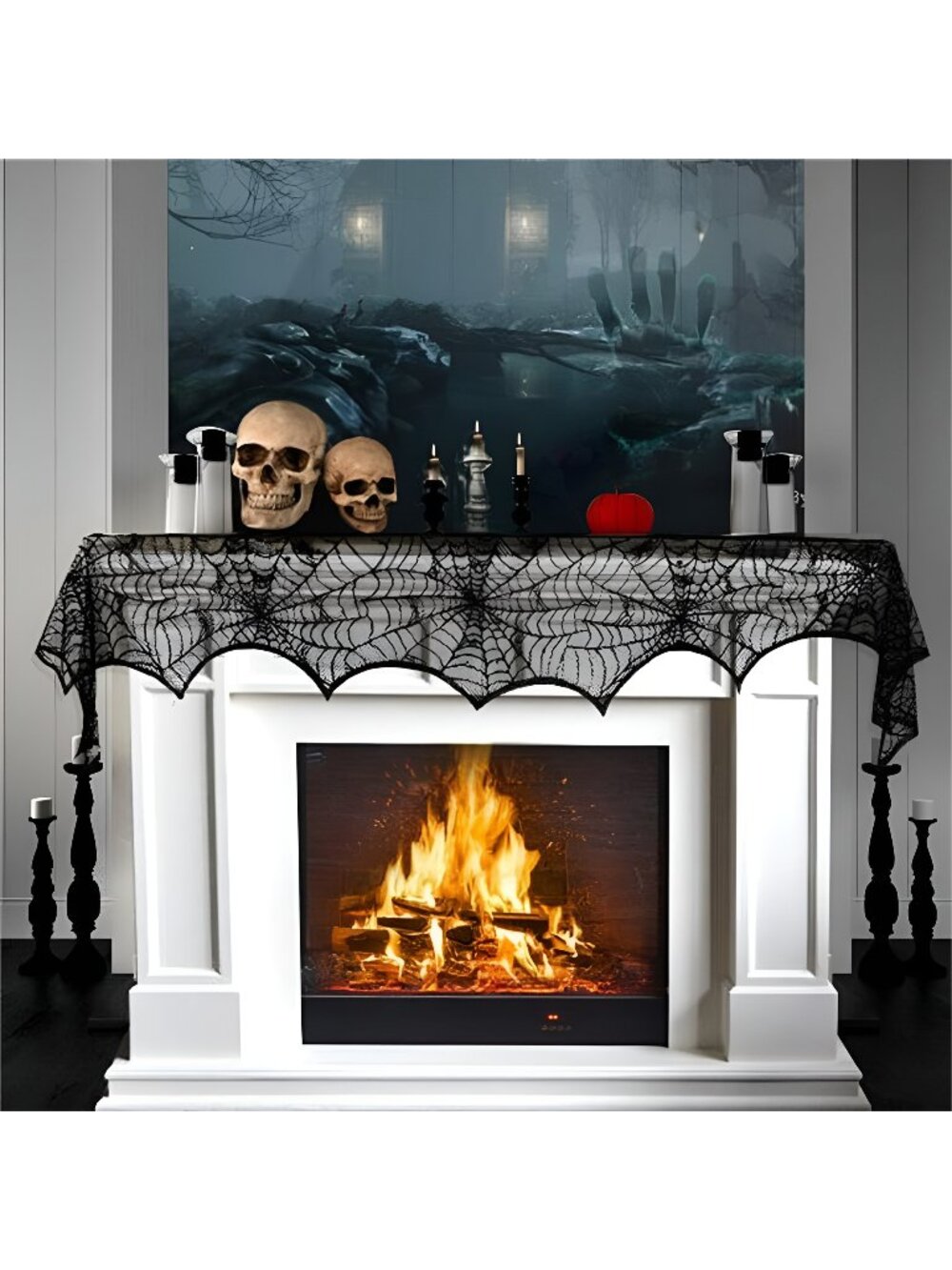 Halloween Cobweb Fireplace Scarf, Black Lace Spiderweb Mantle Scarf, 18 x 96 "